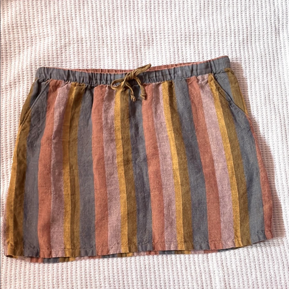 Garnet Hill 100% Linen Linen Miniskirt Harvest Stripe  Drawstring Waist Medium